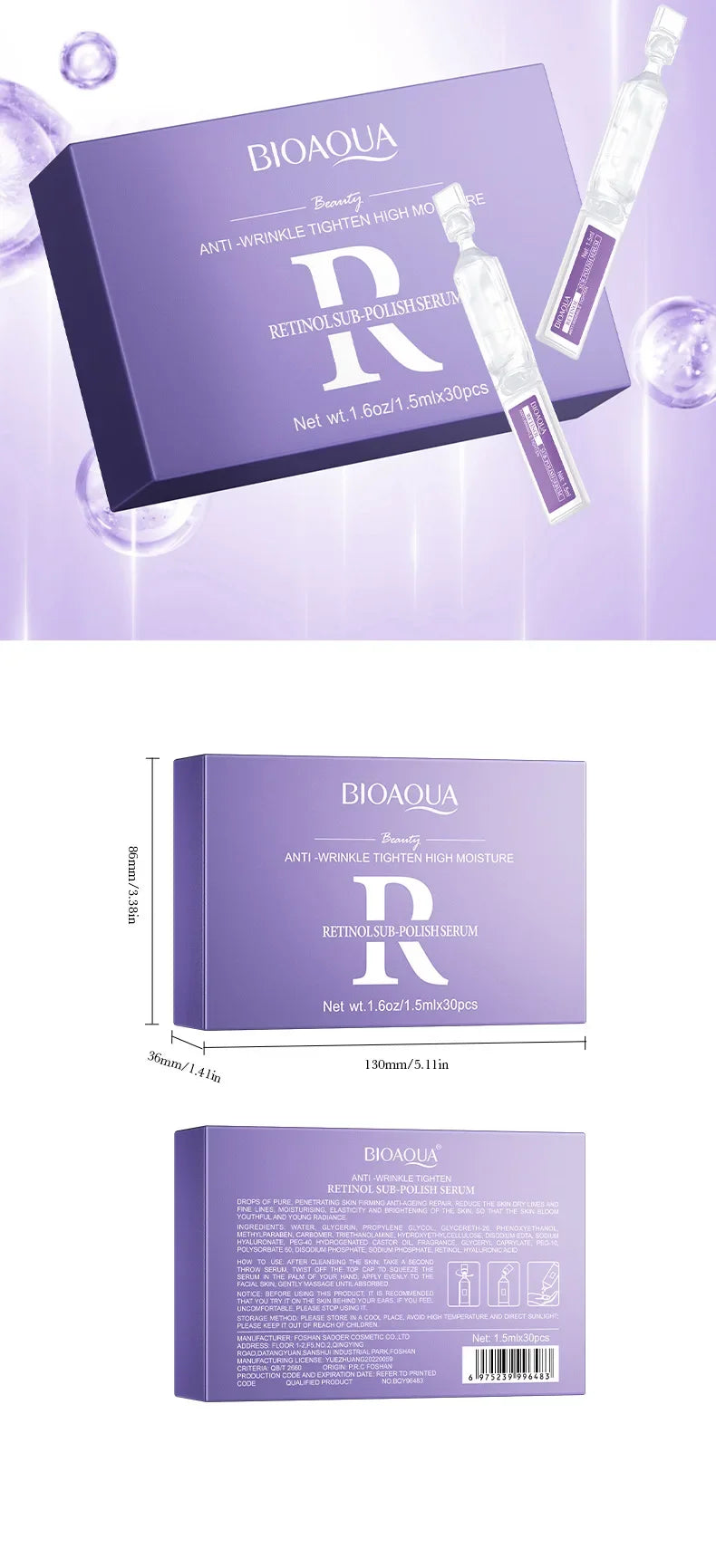 30pcs BIOAQUA Retinol + Vitamin C + Hyaluronic Acid Serum Box