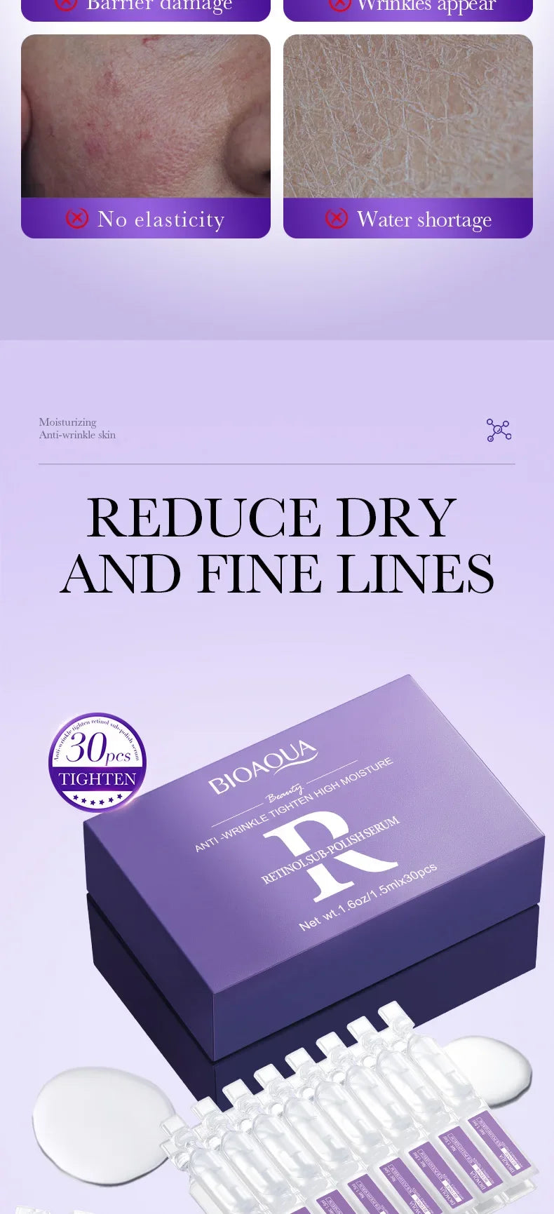 30pcs BIOAQUA Retinol + Vitamin C + Hyaluronic Acid Serum Box